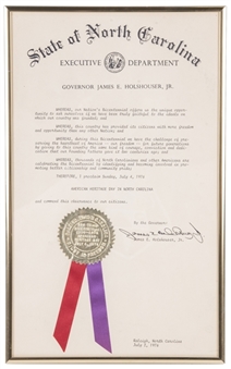 1976 State of North Carolina Proclamation Of 7/4/76 As "American Heritage Day" in North Carolina Framed To 9 x 14" (Holtz LOA)